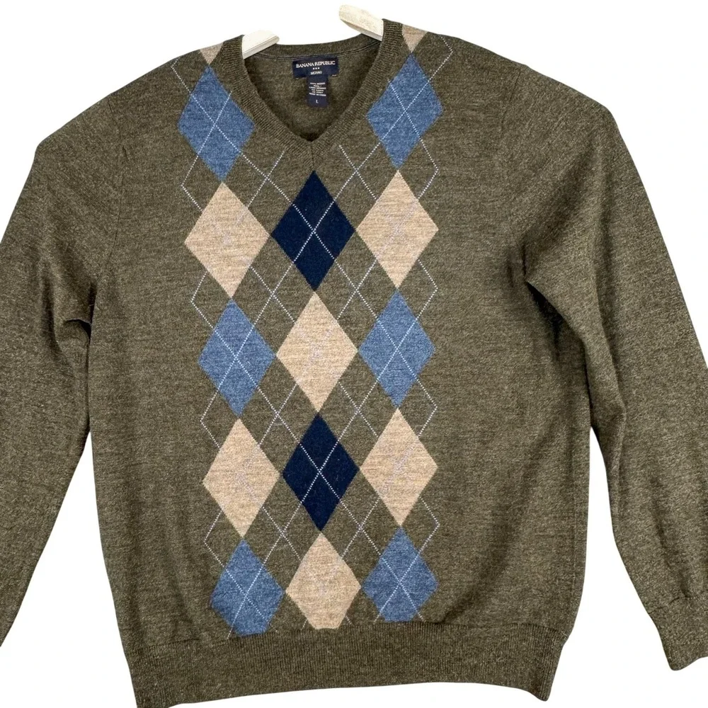 Banana Republic Sweater Mens Large Brown 100% Merino Wool Argyle V Neck Pullover